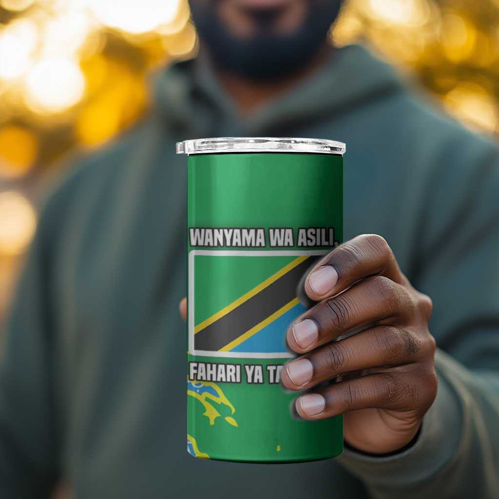 Tanzania Wildlife 4 in 1 Can Cooler Tumbler - Tribal Print and Mount Kilimanjaro Safari Scene