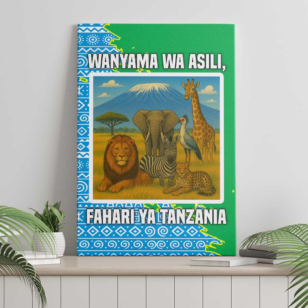 Tanzania Wildlife Canvas Wall Art - Tribal Print and Mount Kilimanjaro Safari Scene