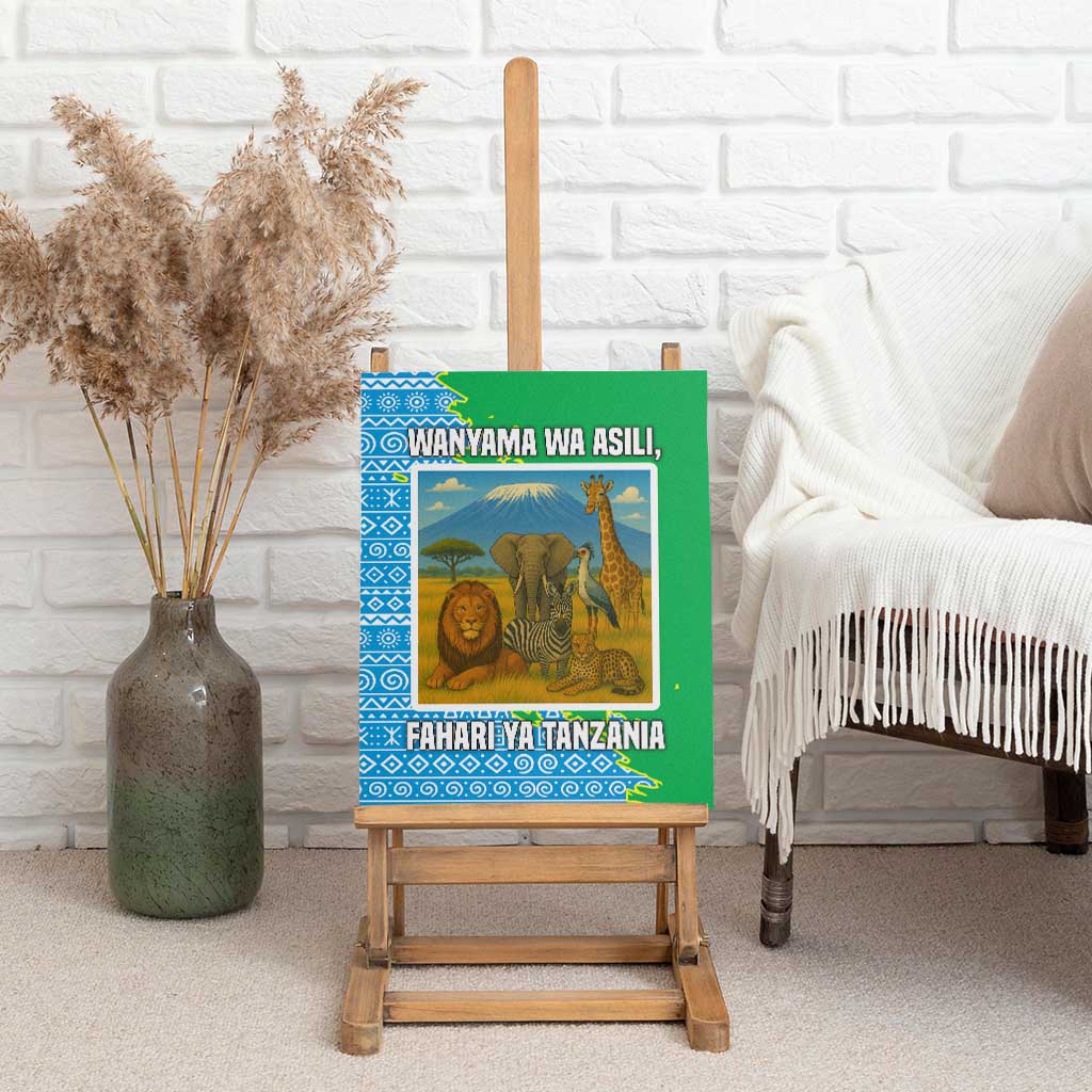 Tanzania Wildlife Canvas Wall Art - Tribal Print and Mount Kilimanjaro Safari Scene