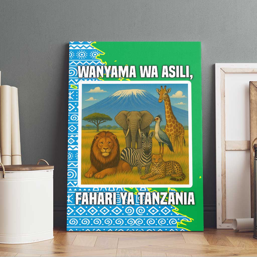 Tanzania Wildlife Canvas Wall Art - Tribal Print and Mount Kilimanjaro Safari Scene