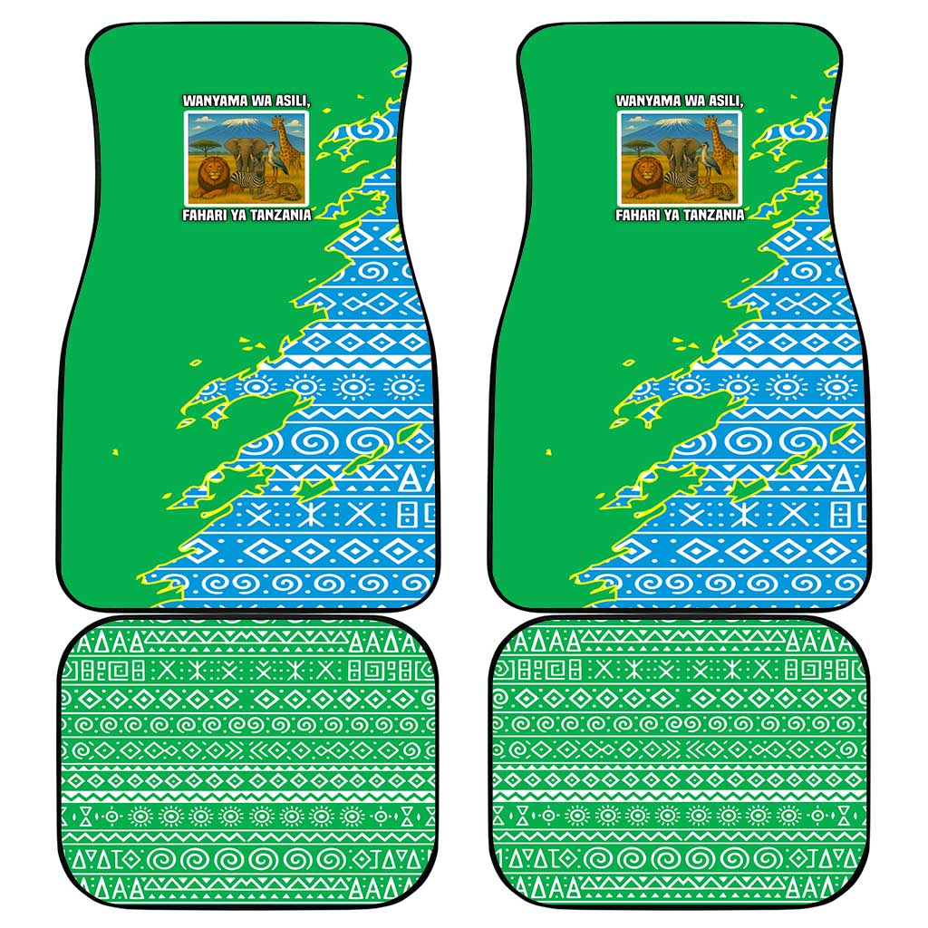 Tanzania Wildlife Car Mats - Tribal Print and Mount Kilimanjaro Safari Scene