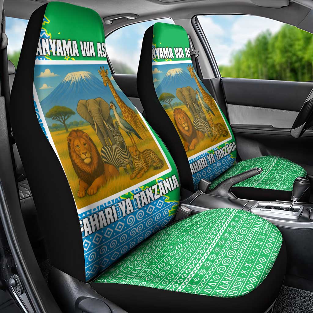 Tanzania Wildlife Car Seat Cover - Tribal Print and Mount Kilimanjaro Safari Scene