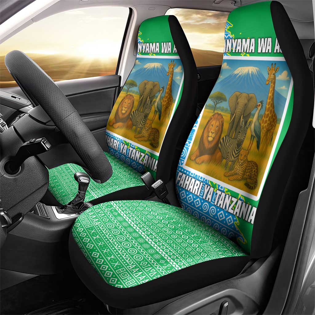 Tanzania Wildlife Car Seat Cover - Tribal Print and Mount Kilimanjaro Safari Scene
