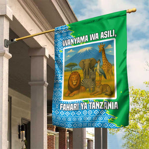 Tanzania Wildlife Garden Flag - Tribal Print and Mount Kilimanjaro Safari Scene