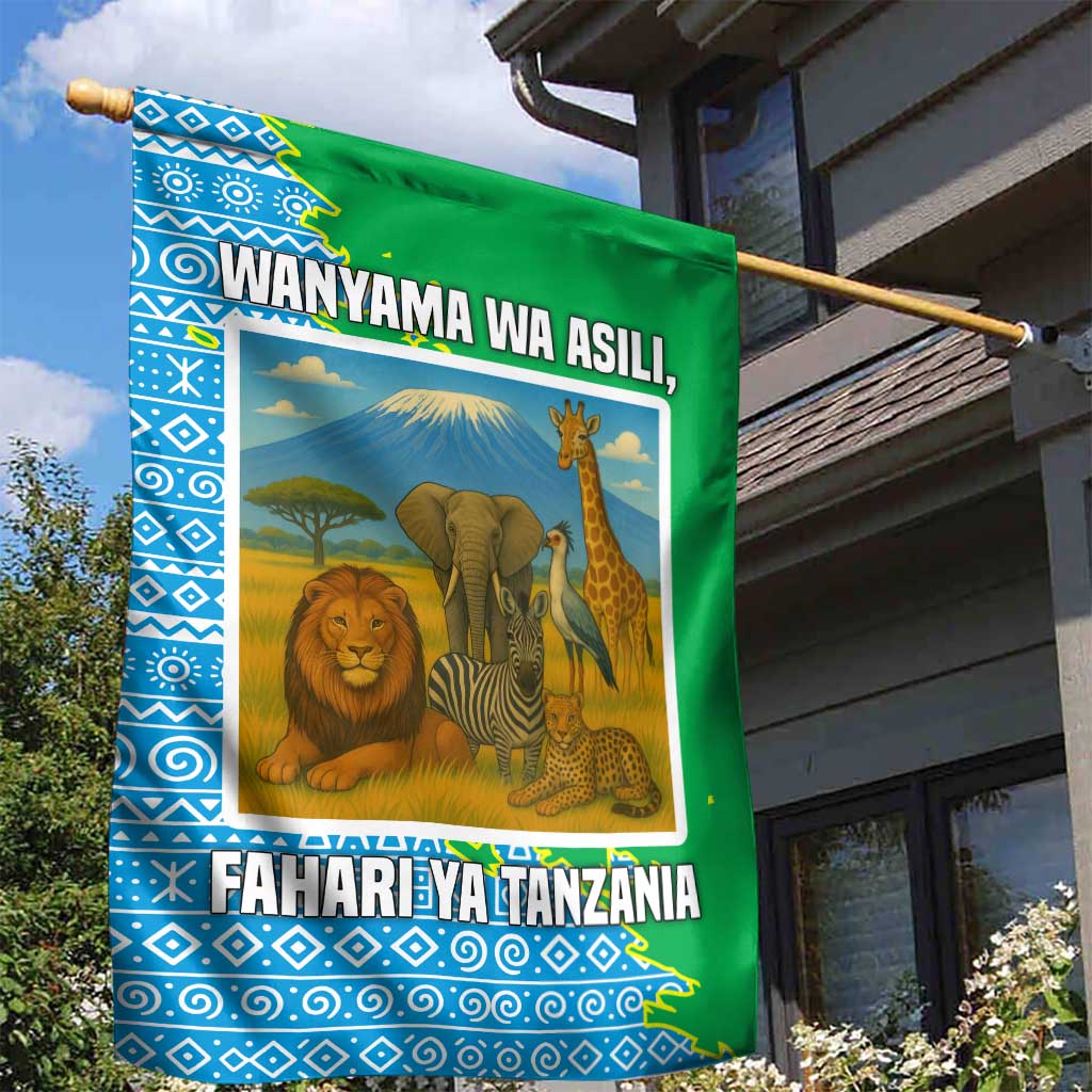 Tanzania Wildlife Garden Flag - Tribal Print and Mount Kilimanjaro Safari Scene