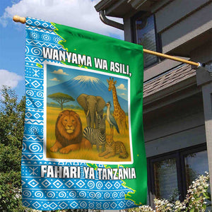 Tanzania Wildlife Garden Flag - Tribal Print and Mount Kilimanjaro Safari Scene