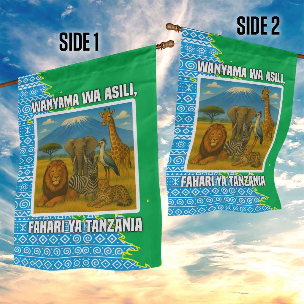 Tanzania Wildlife Garden Flag - Tribal Print and Mount Kilimanjaro Safari Scene