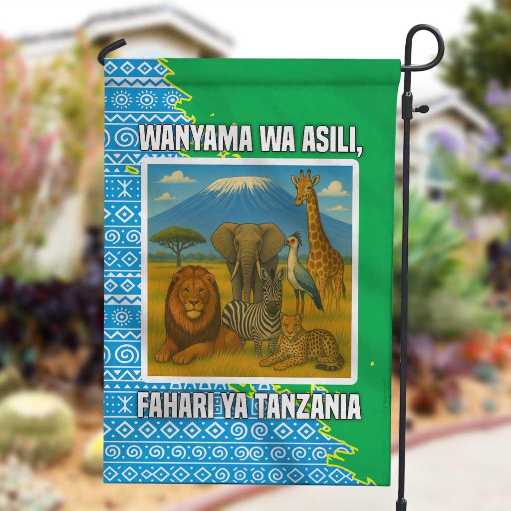 Tanzania Wildlife Garden Flag - Tribal Print and Mount Kilimanjaro Safari Scene