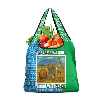Tanzania Wildlife Grocery Bag - Tribal Print and Mount Kilimanjaro Safari Scene