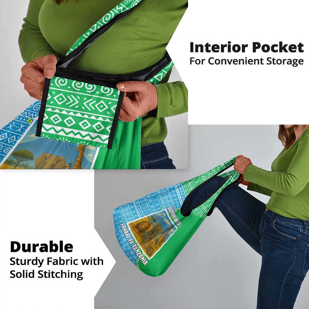 Tanzania Wildlife Grocery Bag - Tribal Print and Mount Kilimanjaro Safari Scene