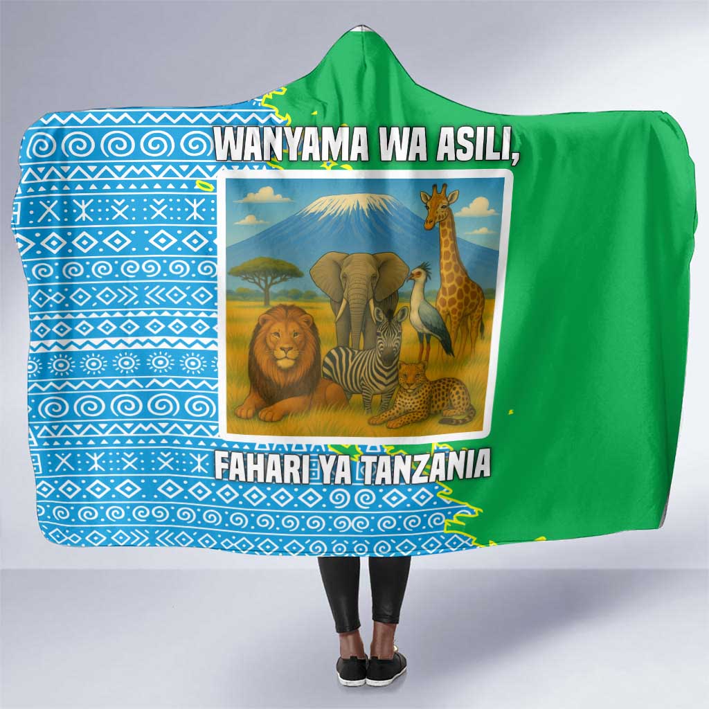 Tanzania Wildlife Hooded Blanket - Tribal Print and Mount Kilimanjaro Safari Scene