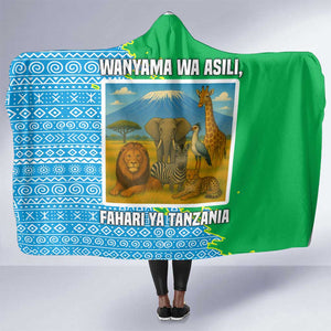 Tanzania Wildlife Hooded Blanket - Tribal Print and Mount Kilimanjaro Safari Scene