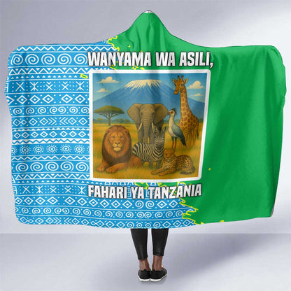 Tanzania Wildlife Hooded Blanket - Tribal Print and Mount Kilimanjaro Safari Scene