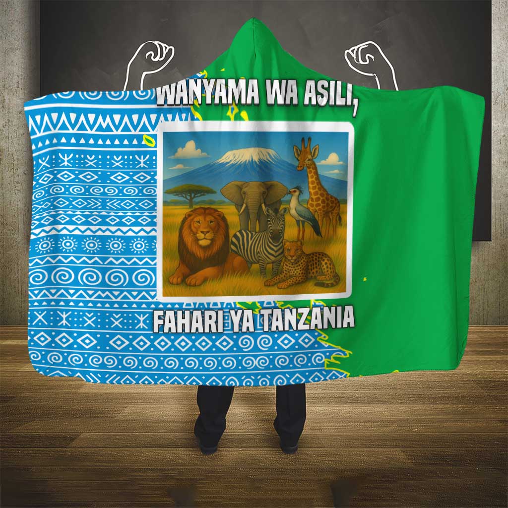 Tanzania Wildlife Hooded Blanket - Tribal Print and Mount Kilimanjaro Safari Scene