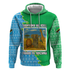 Tanzania Wildlife Hoodie - Tribal Print and Mount Kilimanjaro Safari Scene