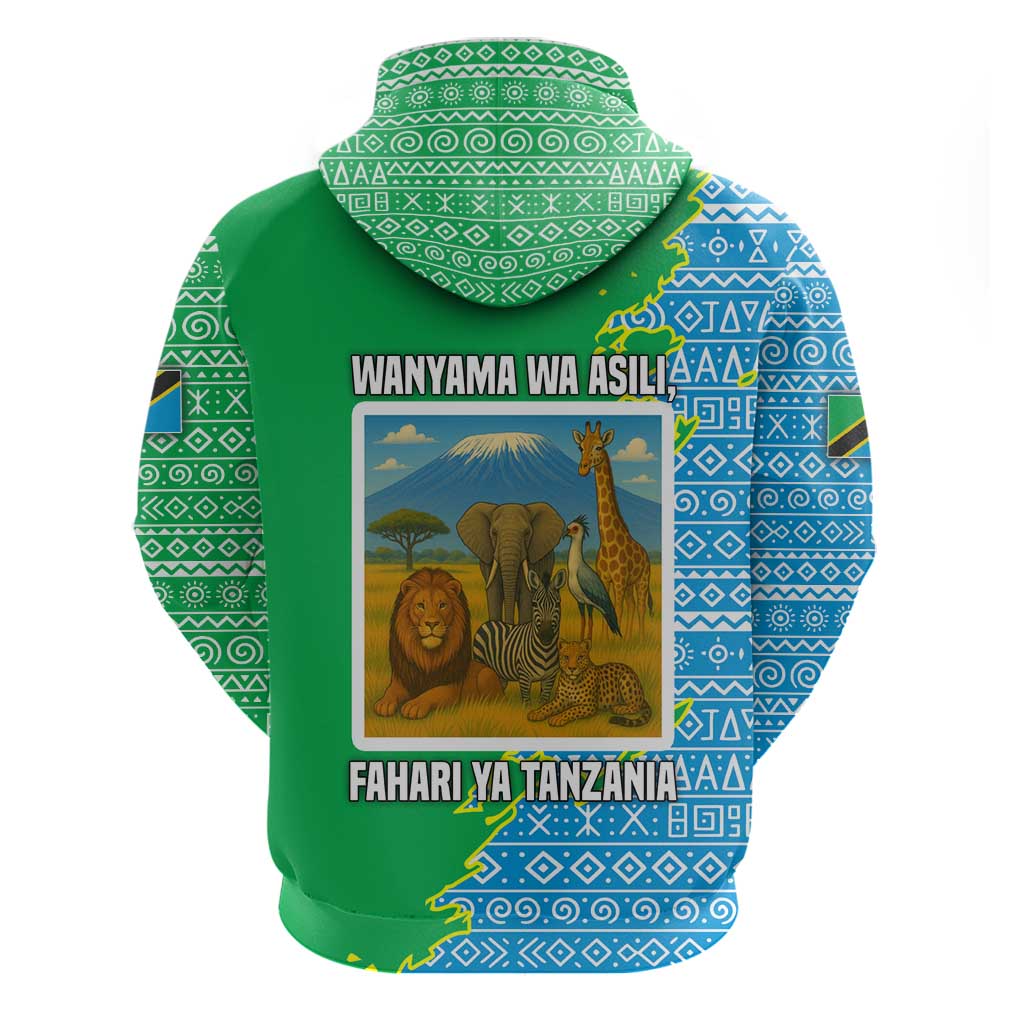 Tanzania Wildlife Hoodie - Tribal Print and Mount Kilimanjaro Safari Scene