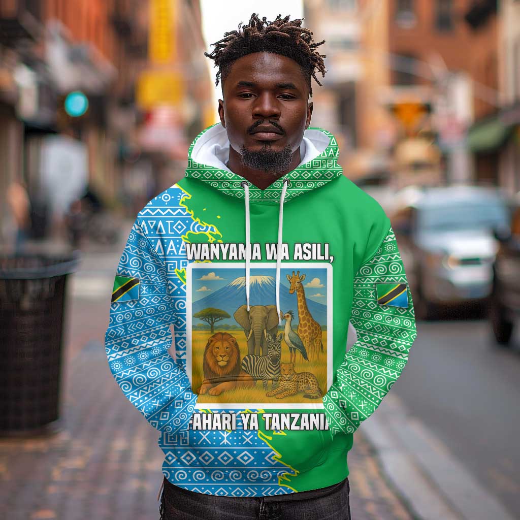 Tanzania Wildlife Hoodie - Tribal Print and Mount Kilimanjaro Safari Scene