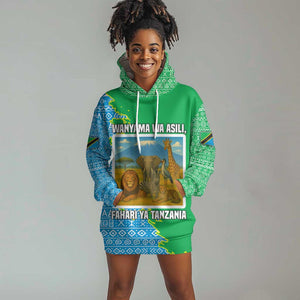 Tanzania Wildlife Hoodie Dress - Tribal Print and Mount Kilimanjaro Safari Scene