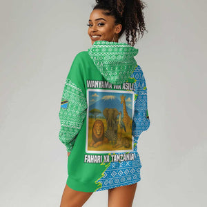 Tanzania Wildlife Hoodie Dress - Tribal Print and Mount Kilimanjaro Safari Scene