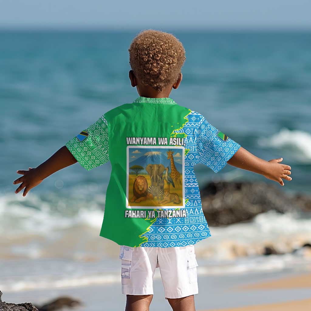 Tanzania Wildlife Kid Hawaiian Shirt - Tribal Print and Mount Kilimanjaro Safari Scene