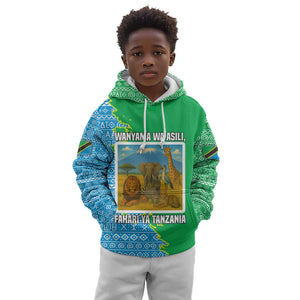 Tanzania Wildlife Kid Hoodie - Tribal Print and Mount Kilimanjaro Safari Scene