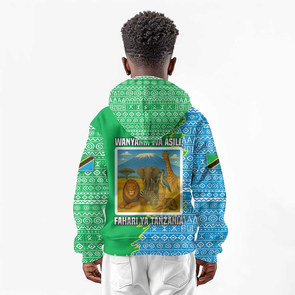 Tanzania Wildlife Kid Hoodie - Tribal Print and Mount Kilimanjaro Safari Scene