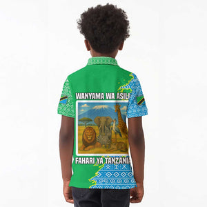 Tanzania Wildlife Kid Polo Shirt - Tribal Print and Mount Kilimanjaro Safari Scene