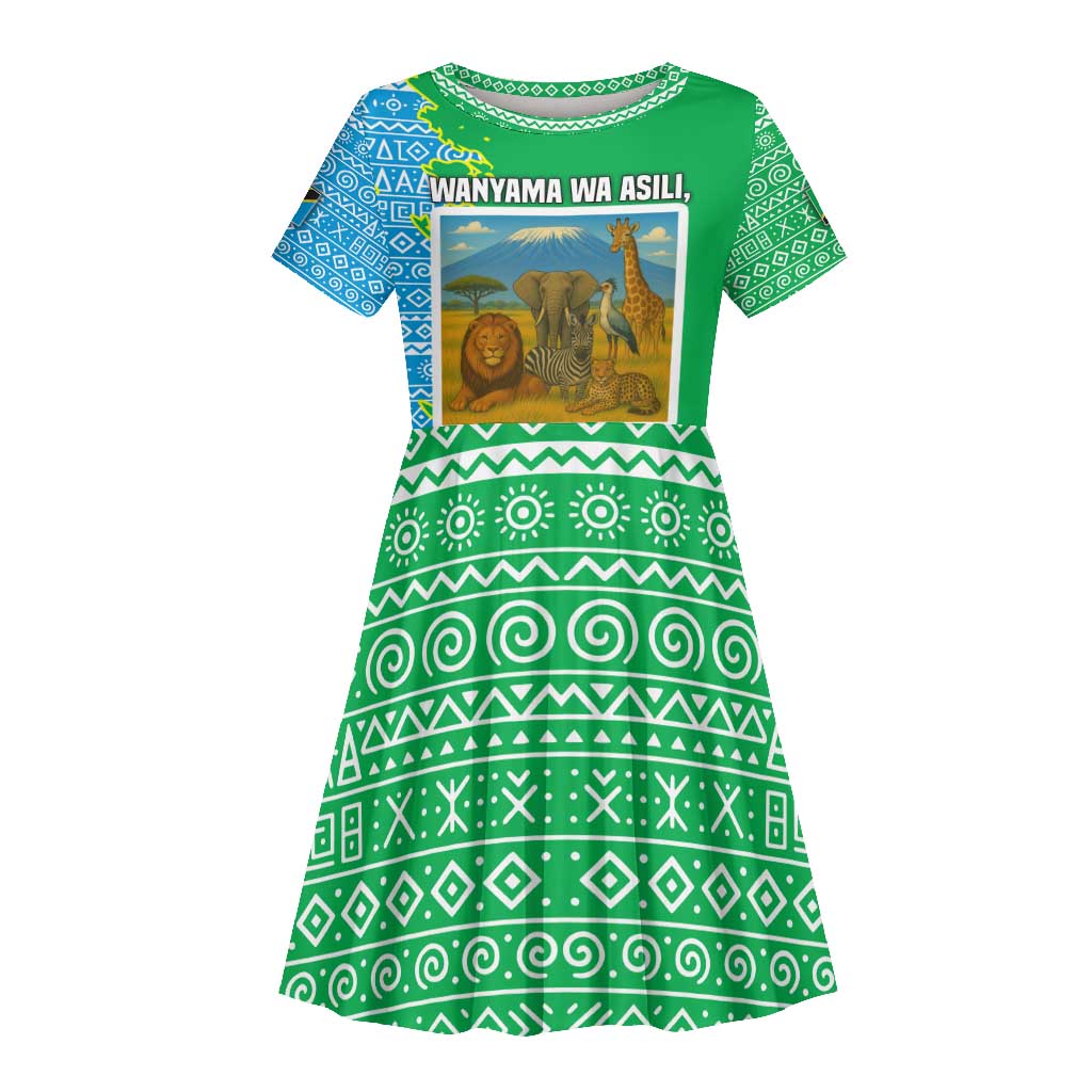 Tanzania Wildlife Kid Short Sleeve Dress - Tribal Print and Mount Kilimanjaro Safari Scene