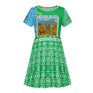 Tanzania Wildlife Kid Short Sleeve Dress - Tribal Print and Mount Kilimanjaro Safari Scene