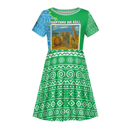 Tanzania Wildlife Kid Short Sleeve Dress - Tribal Print and Mount Kilimanjaro Safari Scene