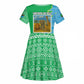 Tanzania Wildlife Kid Short Sleeve Dress - Tribal Print and Mount Kilimanjaro Safari Scene