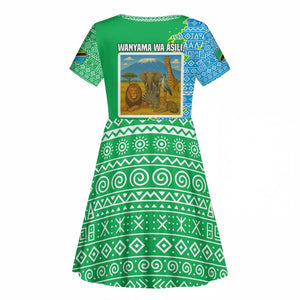 Tanzania Wildlife Kid Short Sleeve Dress - Tribal Print and Mount Kilimanjaro Safari Scene
