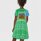 Tanzania Wildlife Kid Short Sleeve Dress - Tribal Print and Mount Kilimanjaro Safari Scene