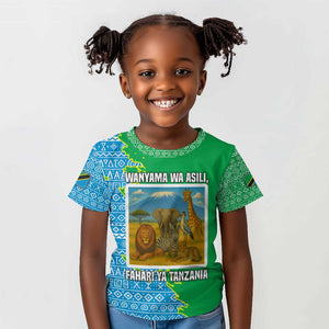 Tanzania Wildlife Kid T shirt - Tribal Print and Mount Kilimanjaro Safari Scene