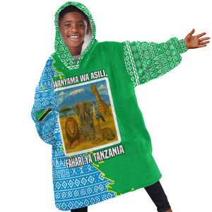 Tanzania Wildlife Kid Wearable Blanket Hoodie - Tribal Print and Mount Kilimanjaro Safari Scene