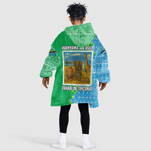 Tanzania Wildlife Kid Wearable Blanket Hoodie - Tribal Print and Mount Kilimanjaro Safari Scene