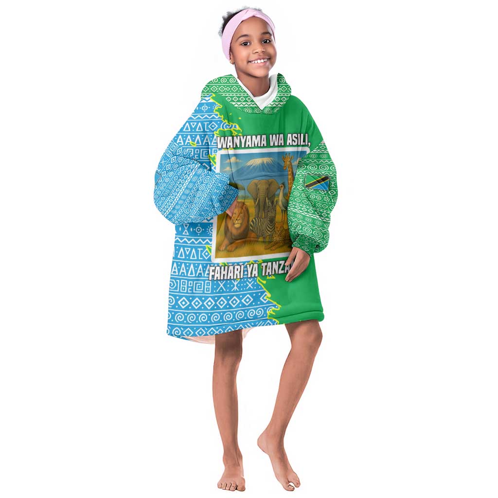 Tanzania Wildlife Kid Wearable Blanket Hoodie - Tribal Print and Mount Kilimanjaro Safari Scene