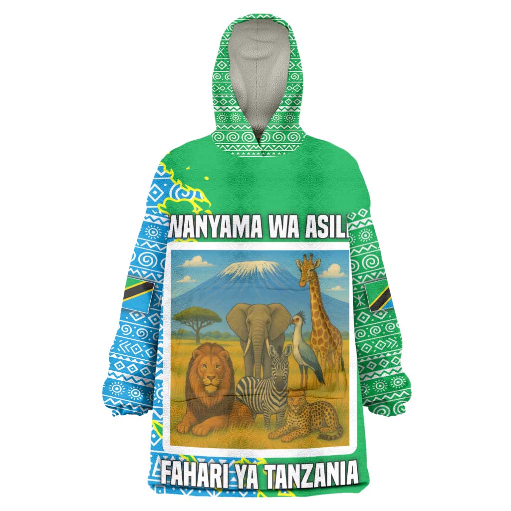Tanzania Wildlife Kid Wearable Blanket Hoodie - Tribal Print and Mount Kilimanjaro Safari Scene