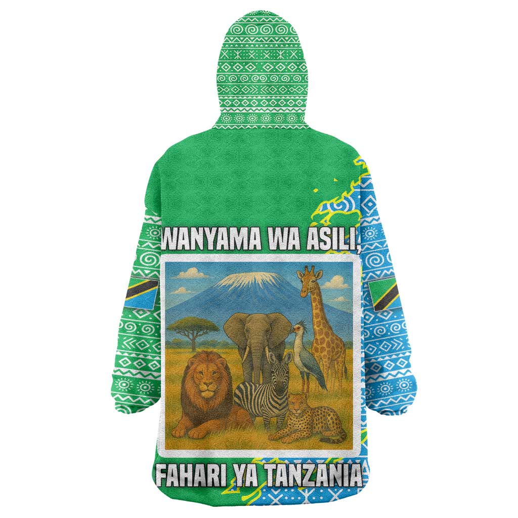 Tanzania Wildlife Kid Wearable Blanket Hoodie - Tribal Print and Mount Kilimanjaro Safari Scene