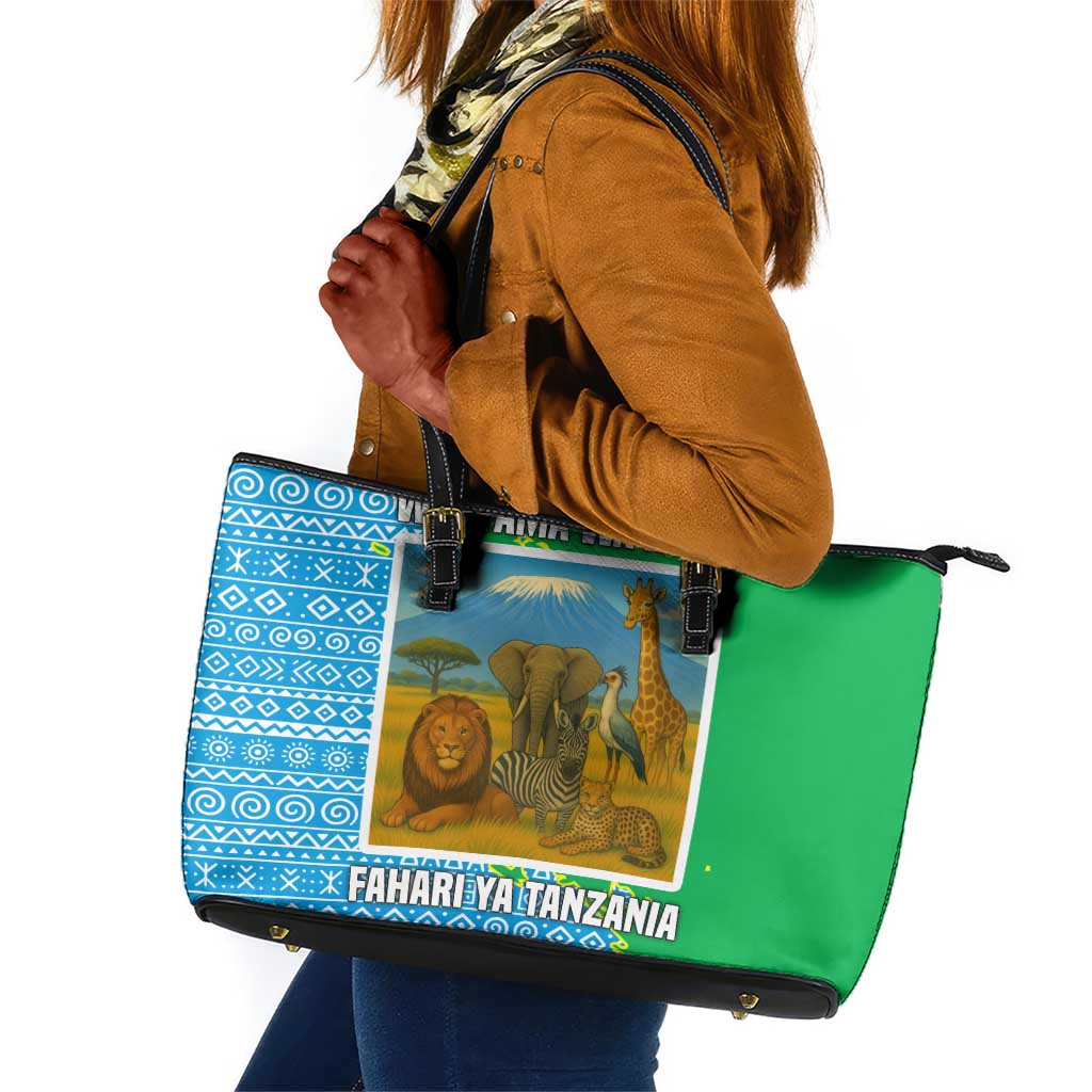 Tanzania Wildlife Leather Tote Bag - Tribal Print and Mount Kilimanjaro Safari Scene