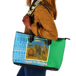 Tanzania Wildlife Leather Tote Bag - Tribal Print and Mount Kilimanjaro Safari Scene