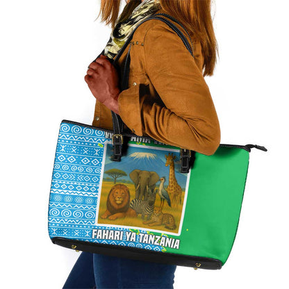 Tanzania Wildlife Leather Tote Bag - Tribal Print and Mount Kilimanjaro Safari Scene
