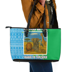 Tanzania Wildlife Leather Tote Bag - Tribal Print and Mount Kilimanjaro Safari Scene