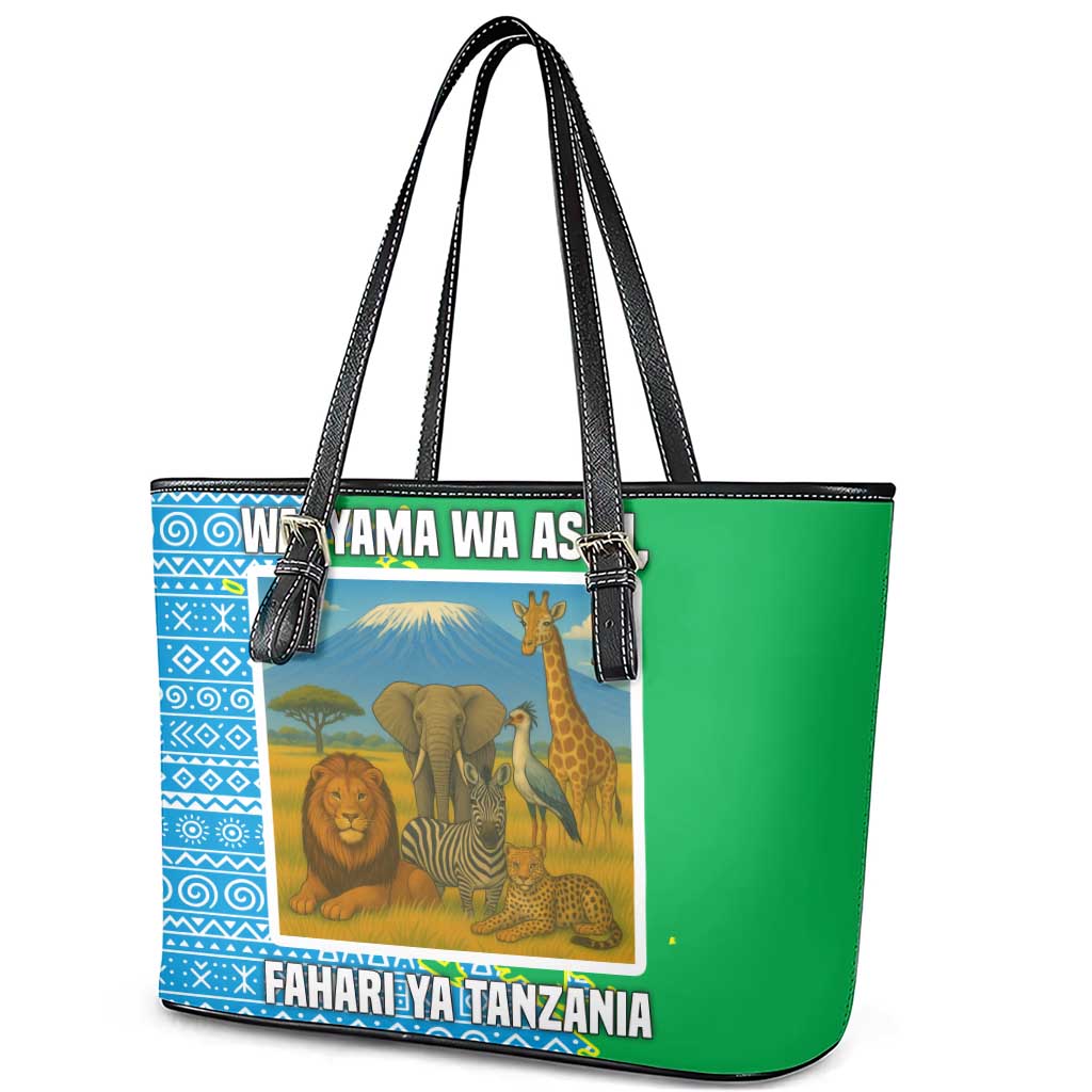 Tanzania Wildlife Leather Tote Bag - Tribal Print and Mount Kilimanjaro Safari Scene