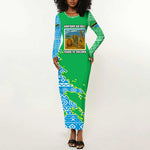 Tanzania Wildlife Long Sleeve Bodycon Dress - Tribal Print and Mount Kilimanjaro Safari Scene