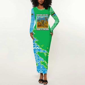 Tanzania Wildlife Long Sleeve Bodycon Dress - Tribal Print and Mount Kilimanjaro Safari Scene