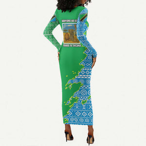 Tanzania Wildlife Long Sleeve Bodycon Dress - Tribal Print and Mount Kilimanjaro Safari Scene