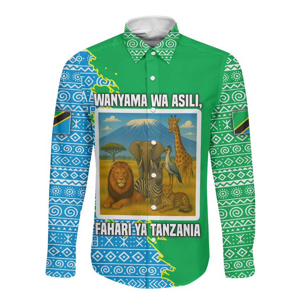 Tanzania Wildlife Long Sleeve Button Shirt - Tribal Print and Mount Kilimanjaro Safari Scene