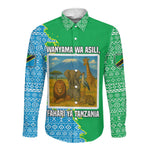 Tanzania Wildlife Long Sleeve Button Shirt - Tribal Print and Mount Kilimanjaro Safari Scene