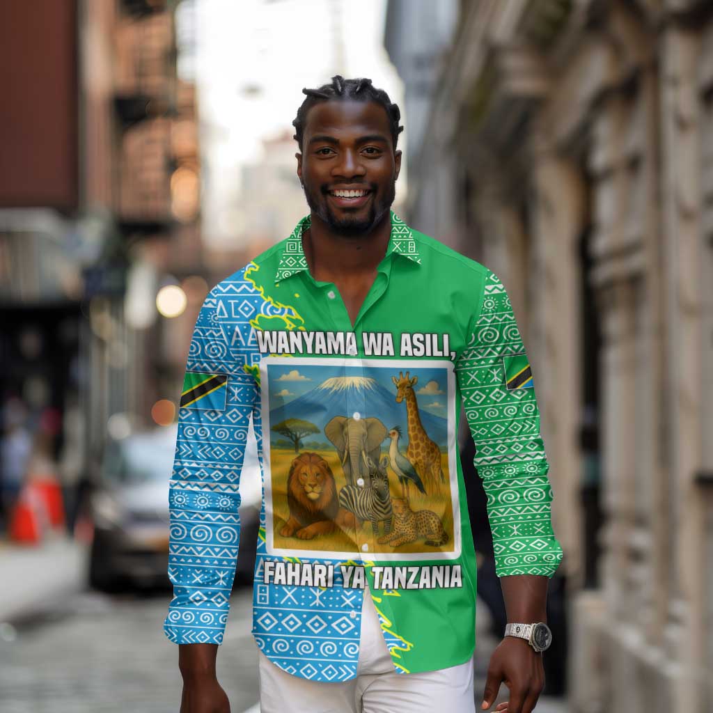 Tanzania Wildlife Long Sleeve Button Shirt - Tribal Print and Mount Kilimanjaro Safari Scene